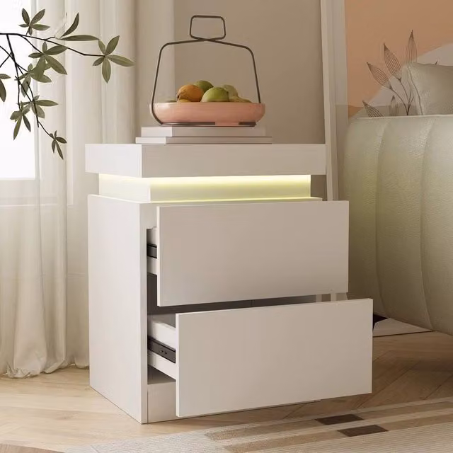 EONLION White Bedside Table with 2 Drawers and Integrated RGB LED Lighting, Width: 100 cm