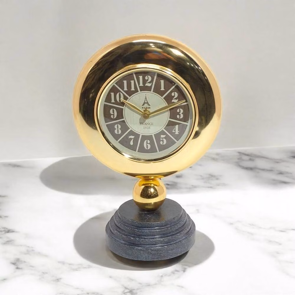 Minster Gold Analog Round Metal Tabletop Clock, W: 13 cm, D: 17 cm, H: 25 cm – 2