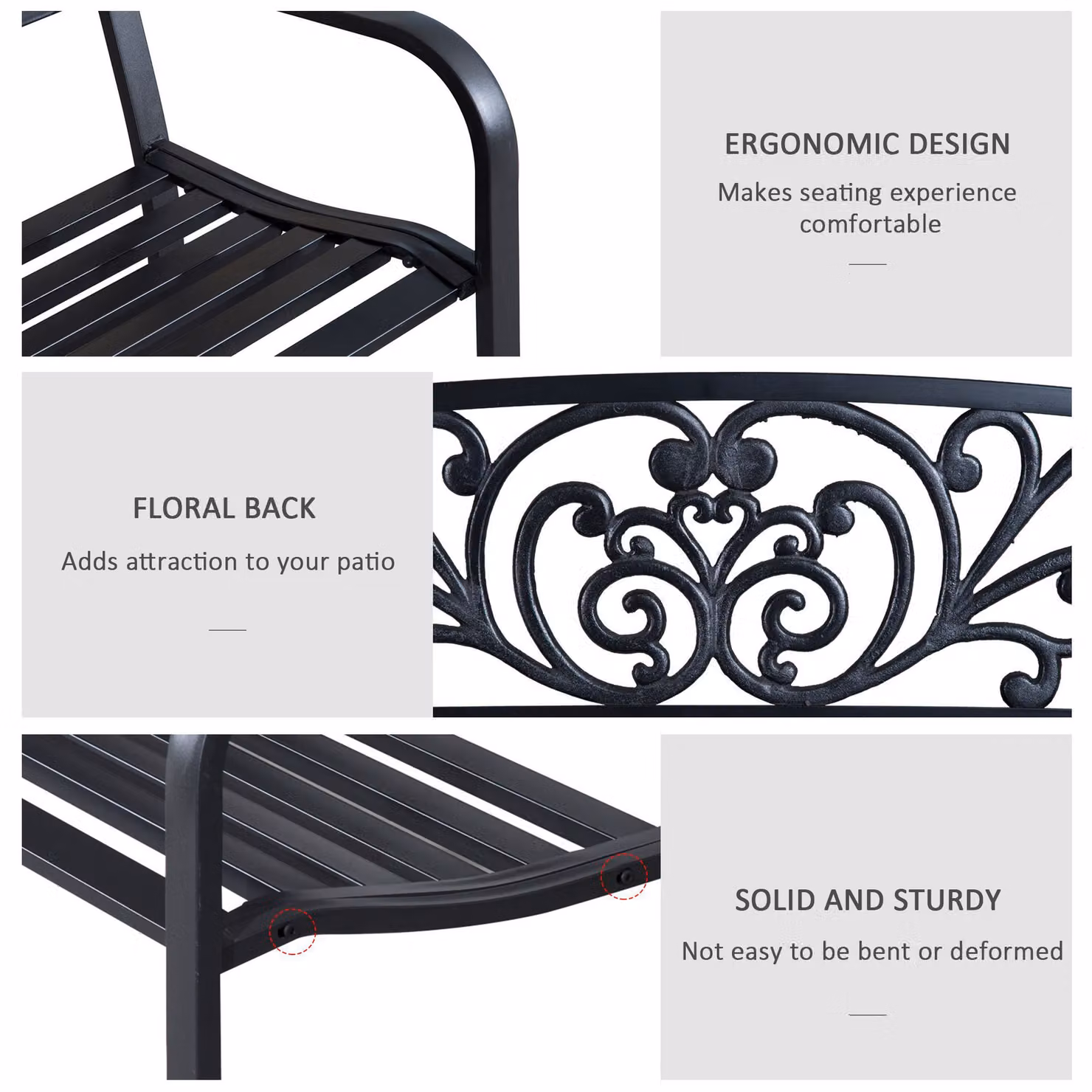 Outsunny 2 Seater Black Metal Garden Park Bench with Armrests – 5