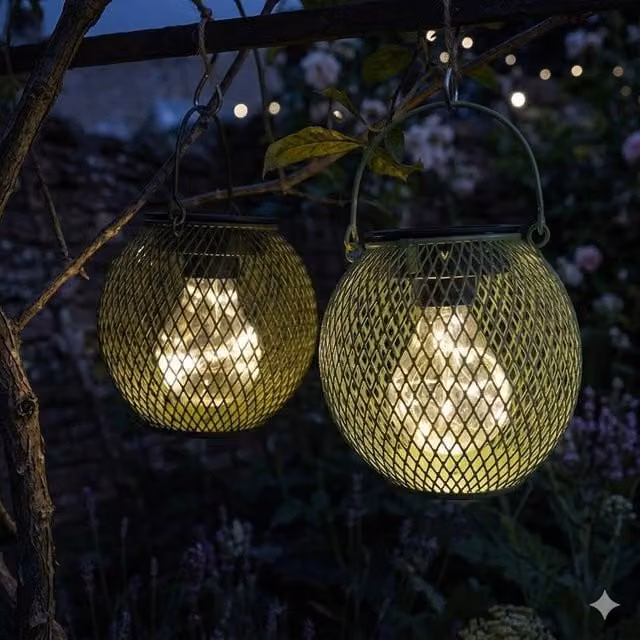 Voltico Set of 2 Solar Metal Garden Lanterns in Green with Warm White Light