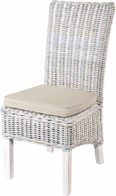 FWStyle Set of 2 Handmade Rattan and Wood Dining Chairs with Grey Fabric Cushions in a Rustic Natural Finish