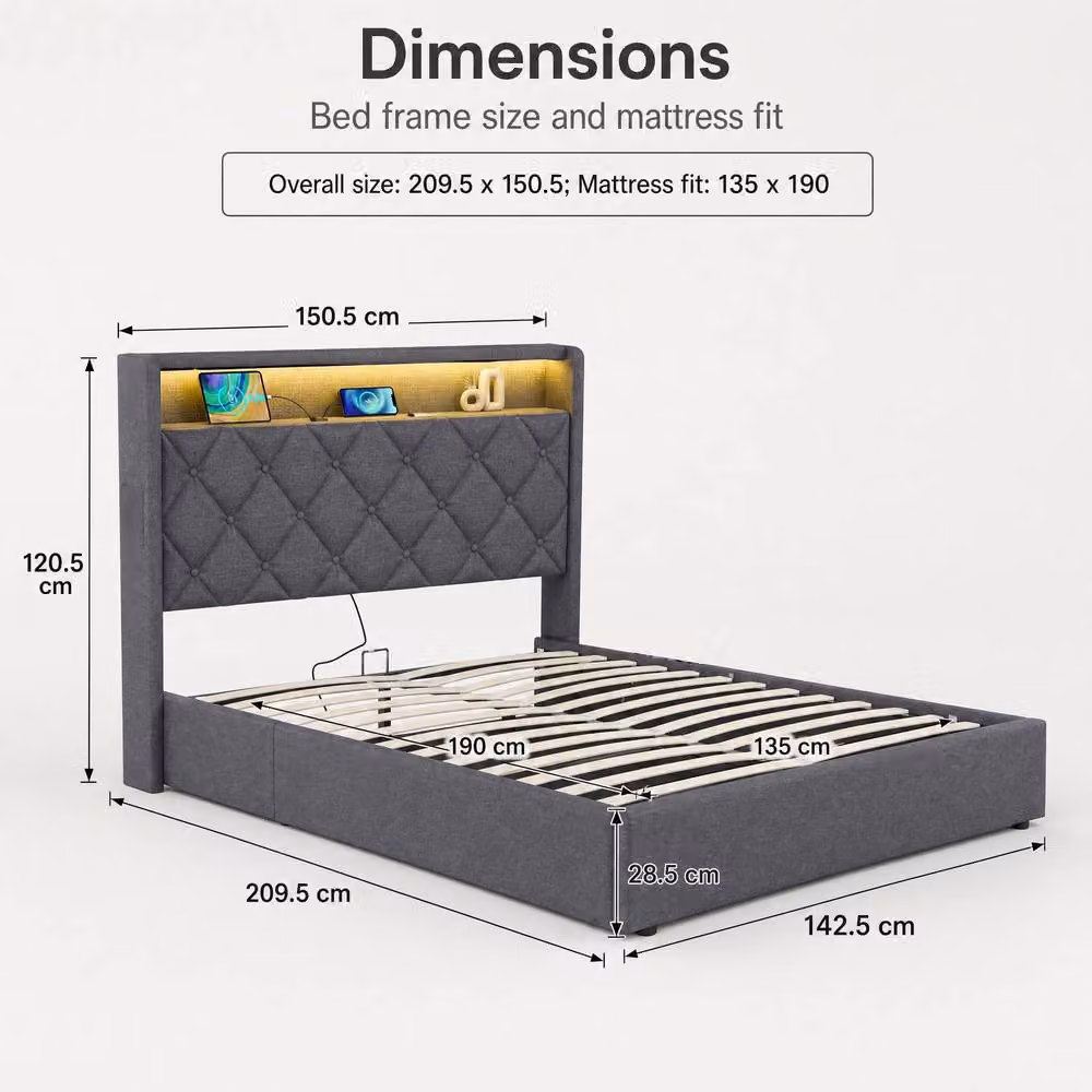 STILVORA Grey Upholstered 4ft6 Double Ottoman Bed with LED Lighting and USB Charging Station, W/D/H: 140 x 200 cm – 4
