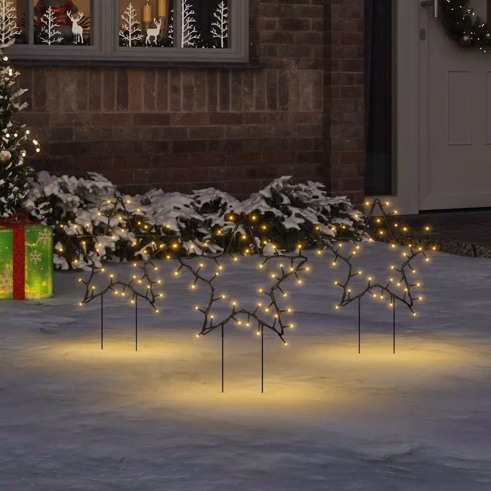 Berkfield Home Warm White Christmas Star Light Decorations with Spikes, 3 Piece Set, 50 LEDs, Black, Height: 29 cm – 2