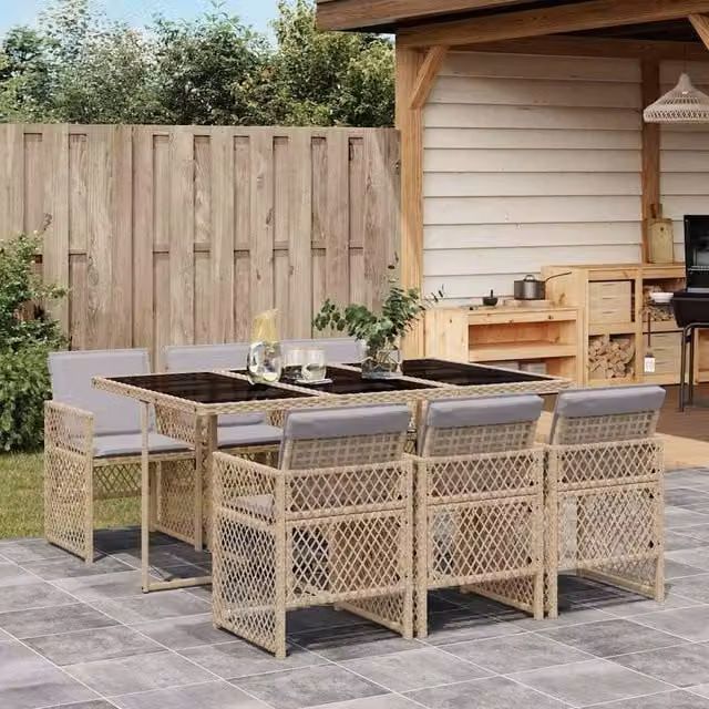Berkfield Home Extendable Polyrattan Garden Dining Set with Glass Top in Beige and Grey – 1