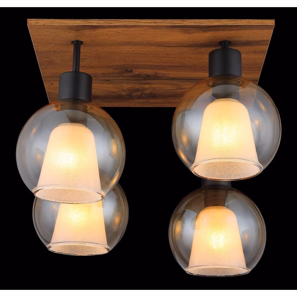 Netlighting Barry I Shade Cluster Ceiling Light in Black and Wood with Amber Transparent Glass Shades, 4x E27 – 3