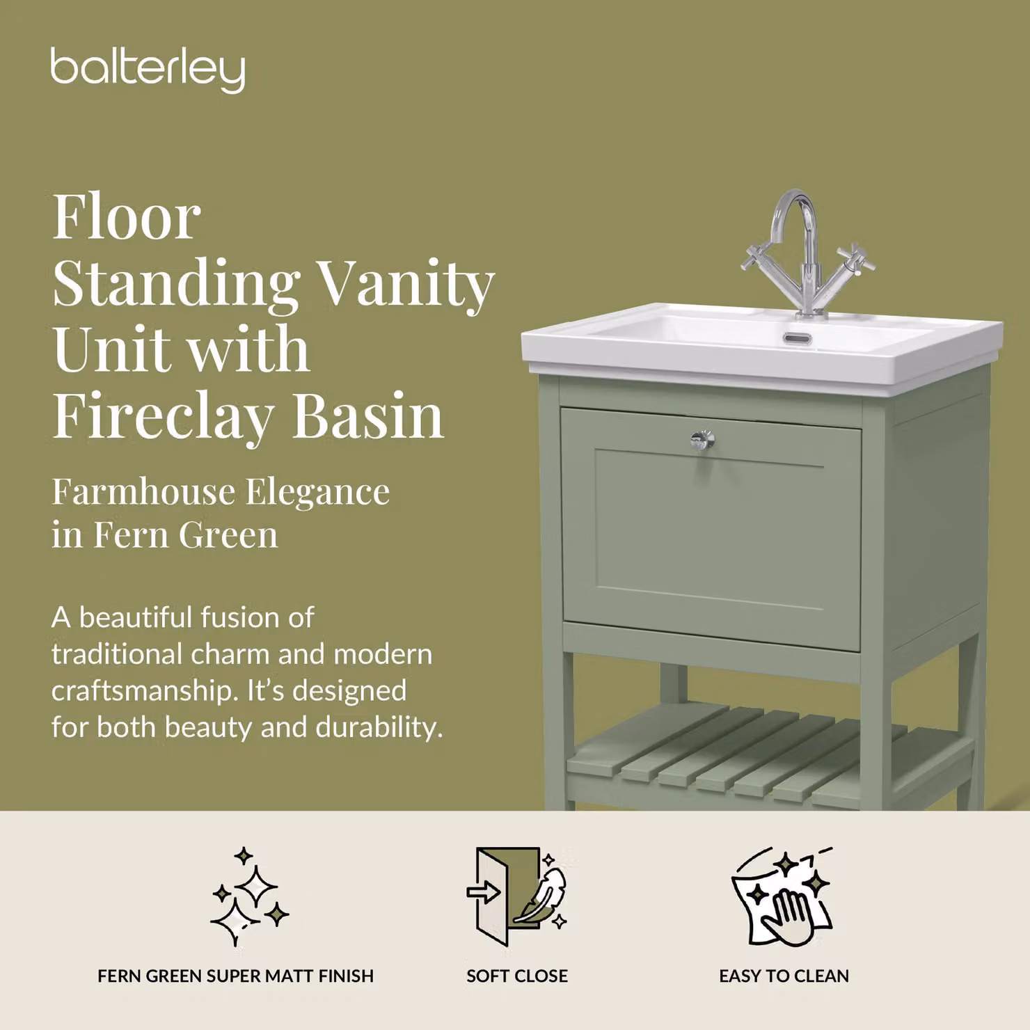 Balterley Bathroom 1 Soft Close Drawer Floor Vanity Unit Basin with Matt Green Finish, W: 63 cm, H: 86.5 cm – 2