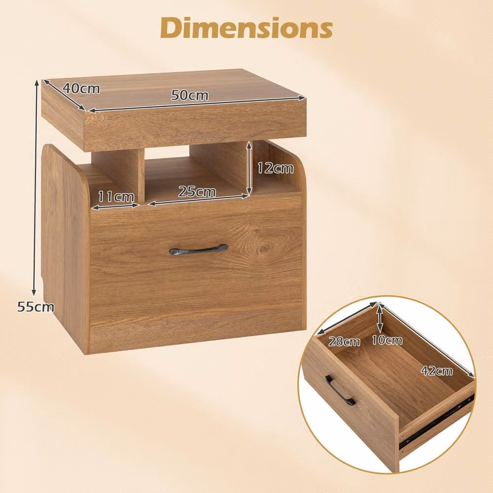 Costway Modern Wooden Nightstand with Drawer and Charging Outlets in Sand Brown – 2