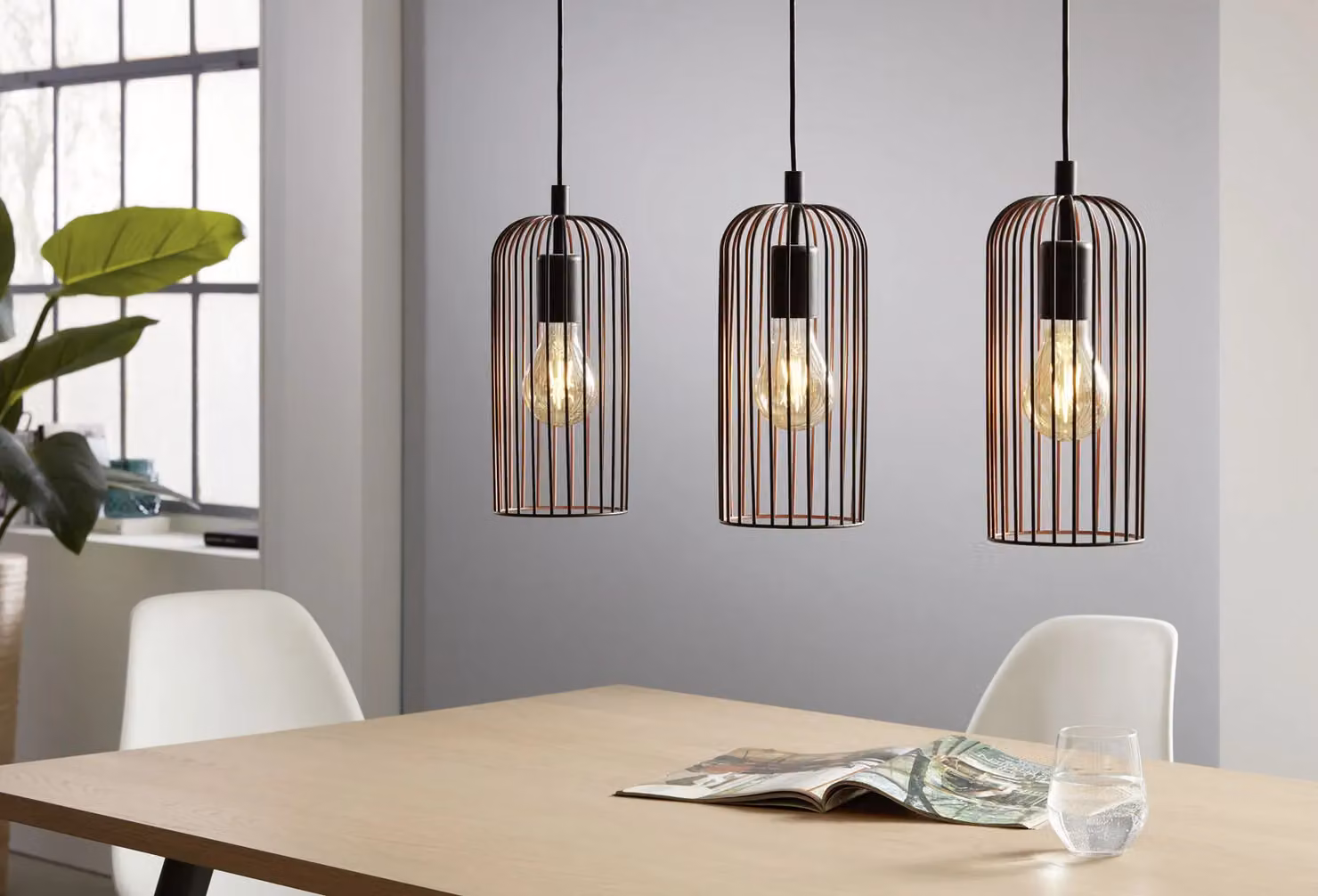 Loops Industrial Metal Cage Hanging Ceiling Pendant Light in Black and Copper for Kitchen Islands, 3x E27 Bulbs – 2