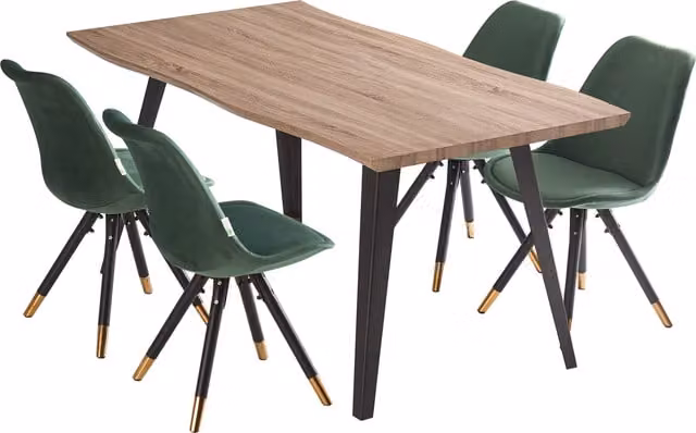 Life Interiors Sofia Rocco LUX Dining Set with Rectangular Live Edge Wood Table and 4 Green Velvet Chairs