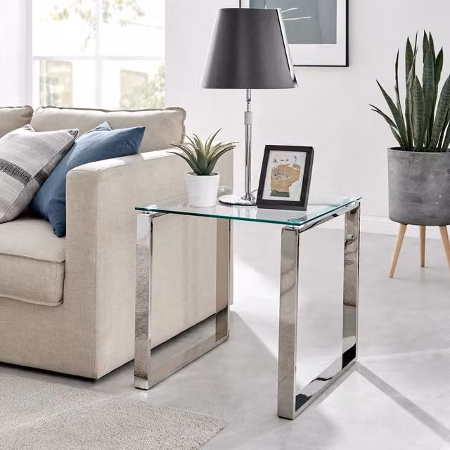 FurnitureboxUK Miami Modern Square Clear Glass Side Table with Silver Chrome Metal Legs