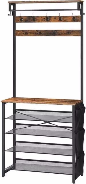 NESTLUNE Hall Tree Coat Stand with Shoe Storage Bench in Brown – 1