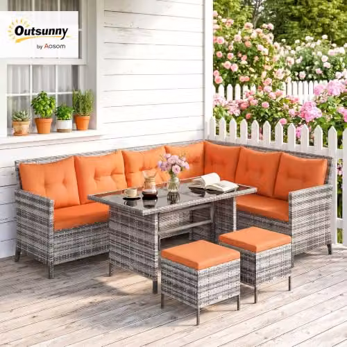 Outsunny 6-Piece L-Shape Polyrattan Garden Furniture Set with Orange Cushions and Coffee Table for 8 Adults – 2