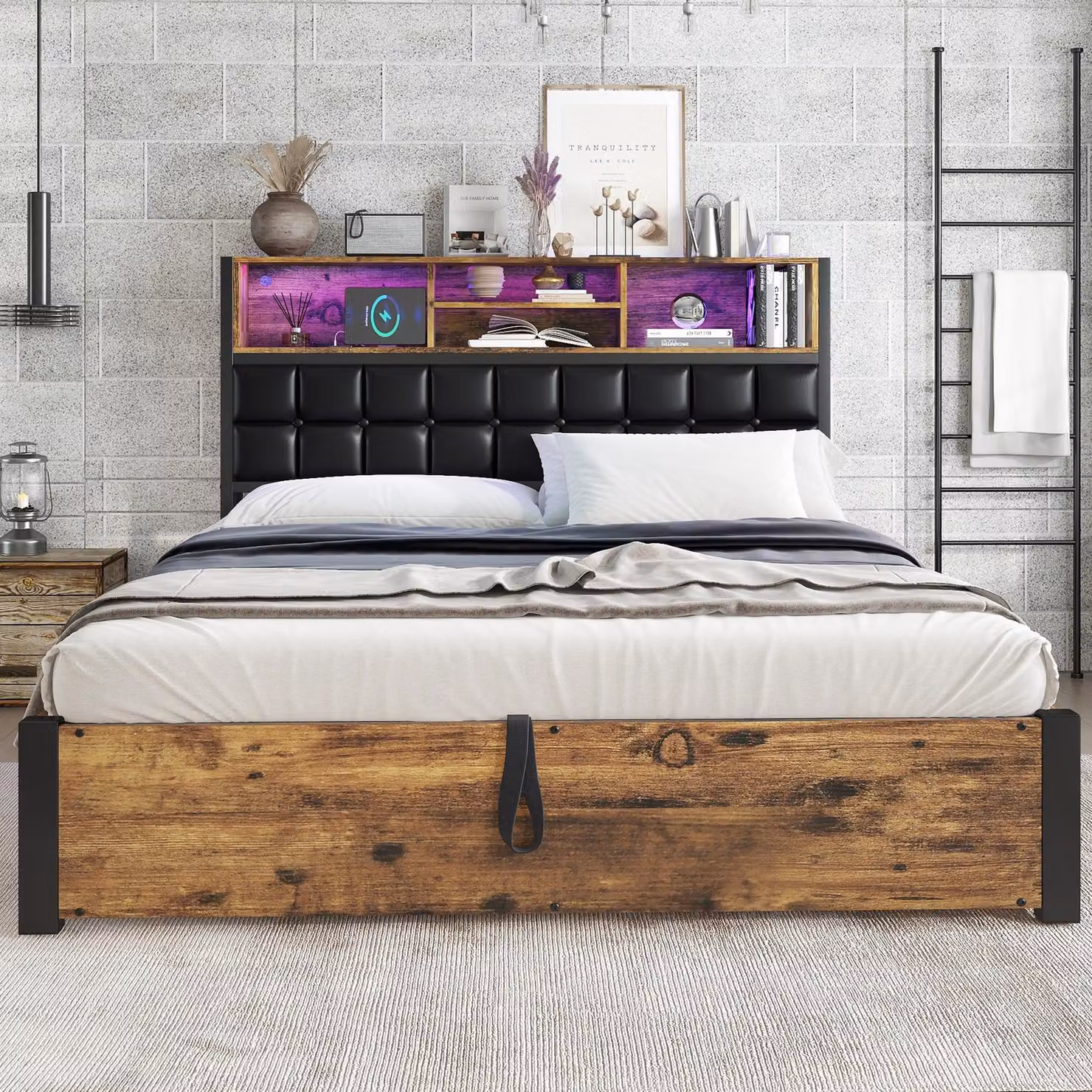 Aosom UK Double Hydraulic Storage Bed with USB Charging Sockets and LED Under-Bed Lighting, Black and Neutral, L: 208 cm, W: 141 cm, H: 107 cm – 5