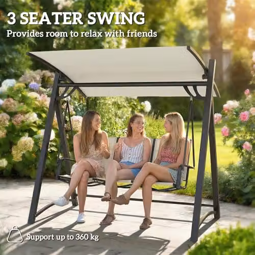 Outsunny 3 Seater Garden Swing Bench with UV-Resistant Sun Canopy in Beige and White – 3