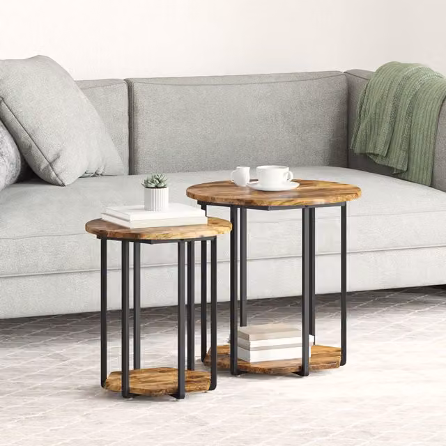 Berkfield Home Set of 2 Round Nested Side Tables in Smoked Oak and Metal, Brown – 1