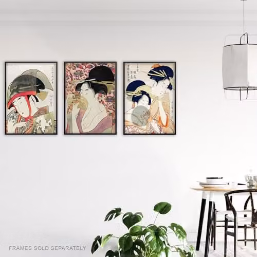 Artery8 Set of 3 Kitagawa Women Japanese Ukiyo-e Wall Art Prints, Pink, Blue and Multicolour, W/H: 29.7 x 42.0 cm – 3