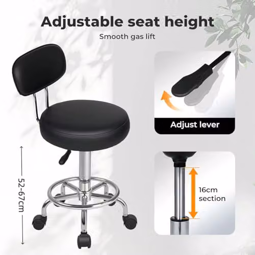 Levede Black PU Leather Rolling Stool with Low Back, Height Adjustable Swivel Task Chair with Footrest for Home, Office and Studio Use – 9