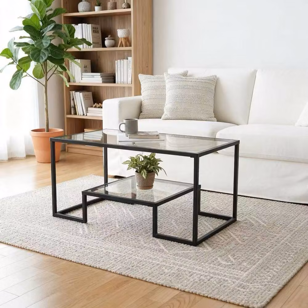 Alivio Modern Rectangular Coffee Table with Metal Frame and Transparent Wood Storage Shelves – 5