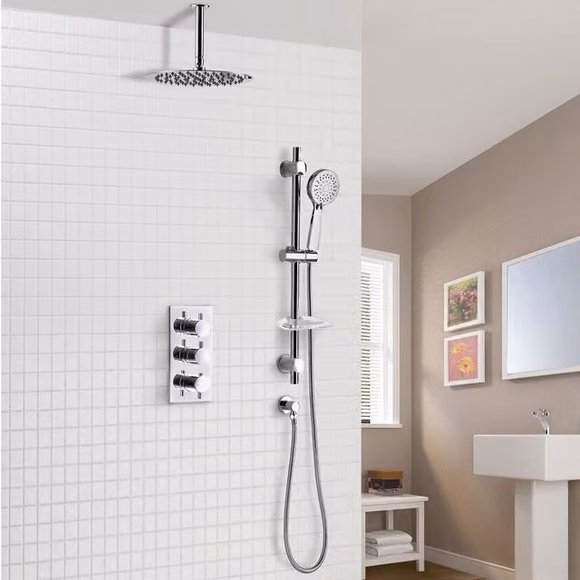 Nes Home Calla 2 Way Slim Round Concealed Thermostatic Bathroom Shower Rail Head in Silver
