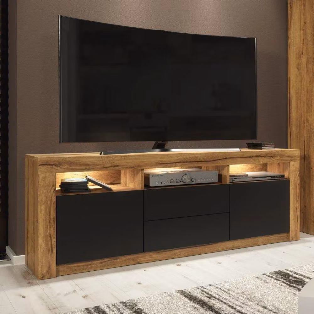 Mex Furniture LTD Modern TV Unit with LED Lights and Matt Drawers and Doors in Brown Oak, W: 160 cm, D: 35 cm, H: 60 cm – 2