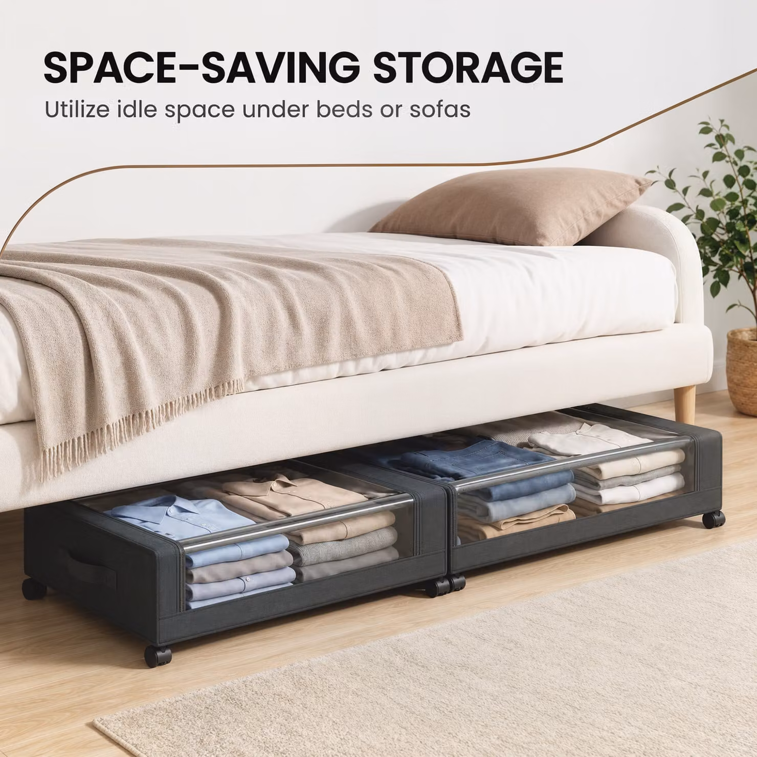 HOMCOM Pack of 2 Black Fabric Under Bed Storage Drawers with Clear Lids and Wheels, 40L Capacity – 4