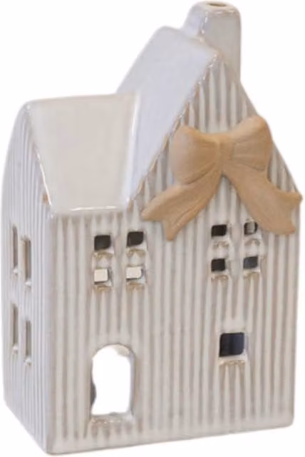 Four Candle Large White Ceramic Tealight House with Bow Detail