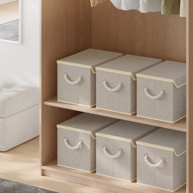 SONGMICS Set of 3 Fabric Storage Boxes with Lids and Cotton Handles, Beige and Yellow, W: 38 cm, D: 25 cm, H: 23 cm