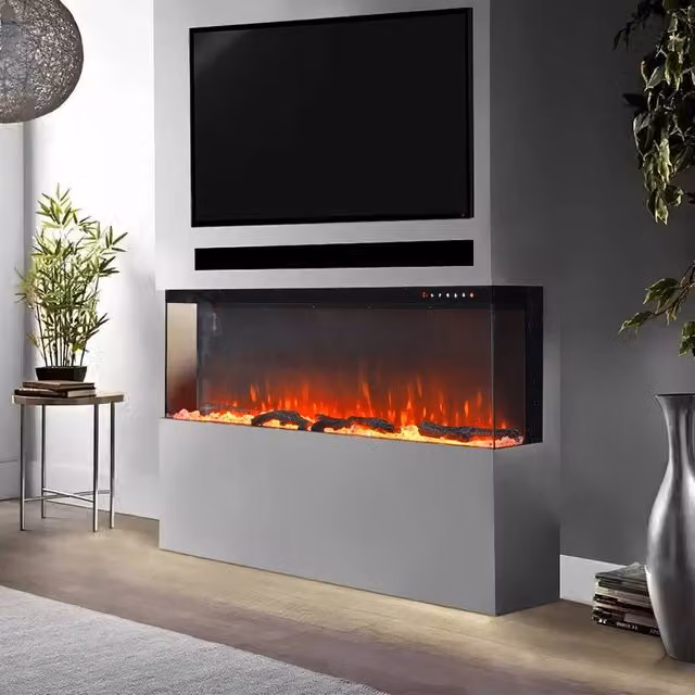 PAWNORA 80 inch 3 Sided Panoramic Electric Fireplace with Glass in Black, W: 203.2 cm, H: 43.9 cm