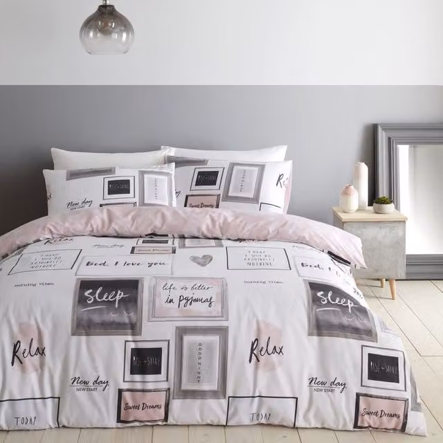 Catherine Lansfield Sleep Dreams Reversible Cotton Duvet Cover Bedding Set in Pink and Grey