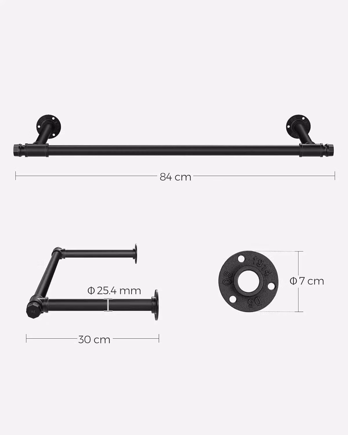 SONGMICS Set of 2 Industrial Wall Mounted Metal Clothes Rails in Matt Black, Length: 84 cm and 60 cm – 2
