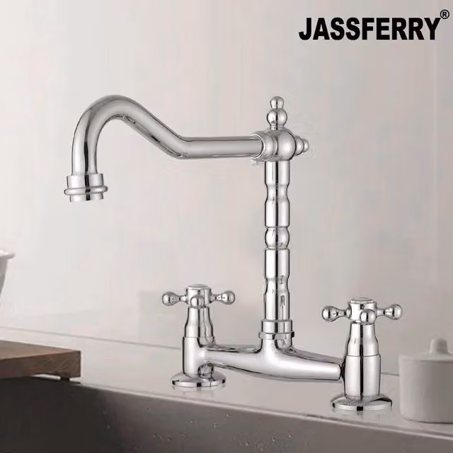 JASSFERRY Two-Handle Brass Bridge Mixer Tap for Kitchen Sinks in Silver Chrome