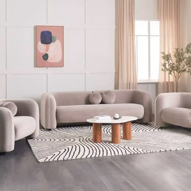 Wyld Haus Beige Velvet 5-Seater Sofa and Matching Armchair Set with Solid Wood Frame