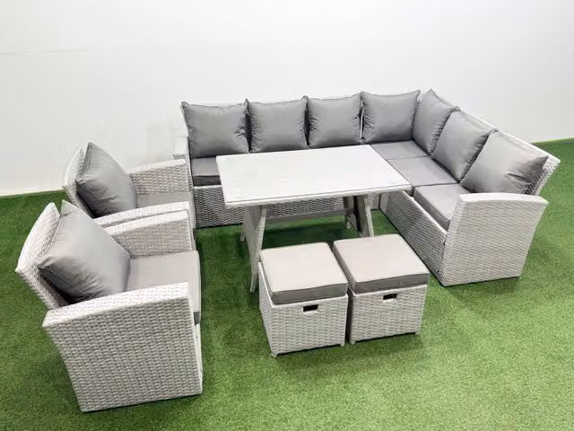 Fimous 10 Seater Rattan Garden Furniture Set with Corner Sofa in Light Grey