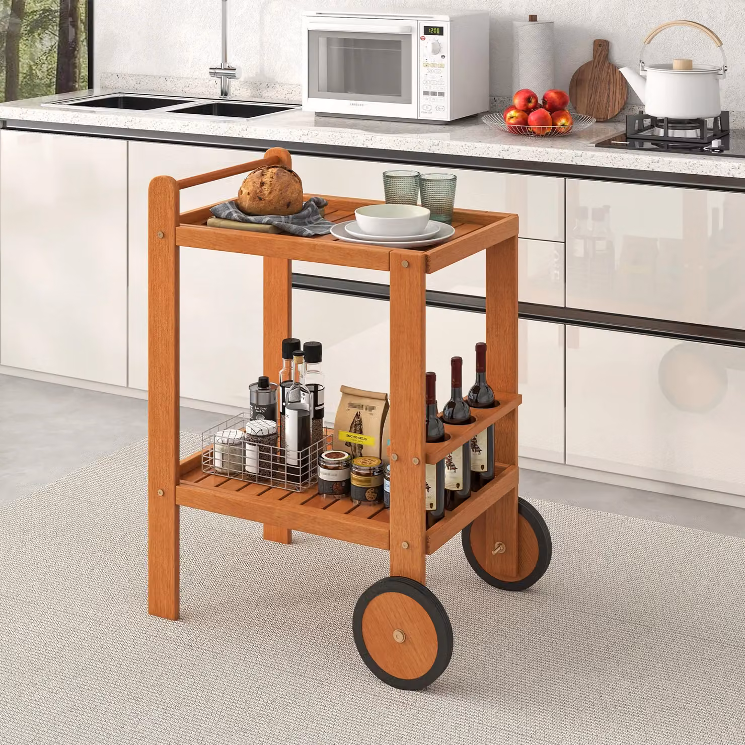 Gymax 2-Tier Wood Rolling Bar Cart with Wine Bottle Holders in Beige and Brown – 8