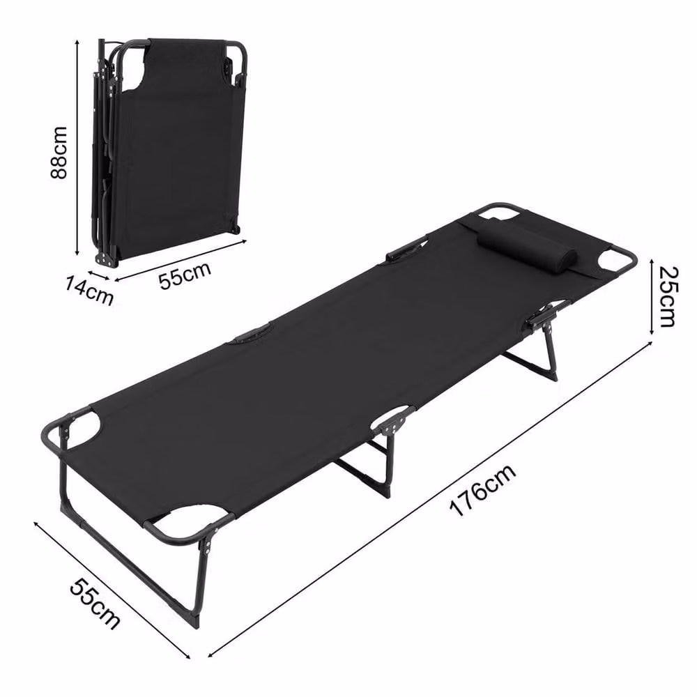 SPETLEK Portable Folding Camping Bed Lounger in Black with Adjustable Headrest and Powder Coated Steel Frame – 2