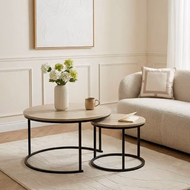 OHS Manhattan Nest of 2 Round Modern Coffee Tables in Light Oak