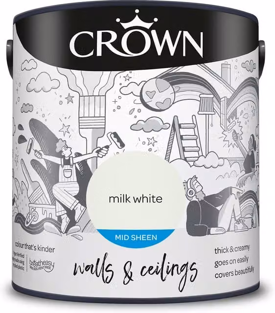 Crown Mid Sheen Emulsion Walls and Ceilings Paint, White, 2.5l