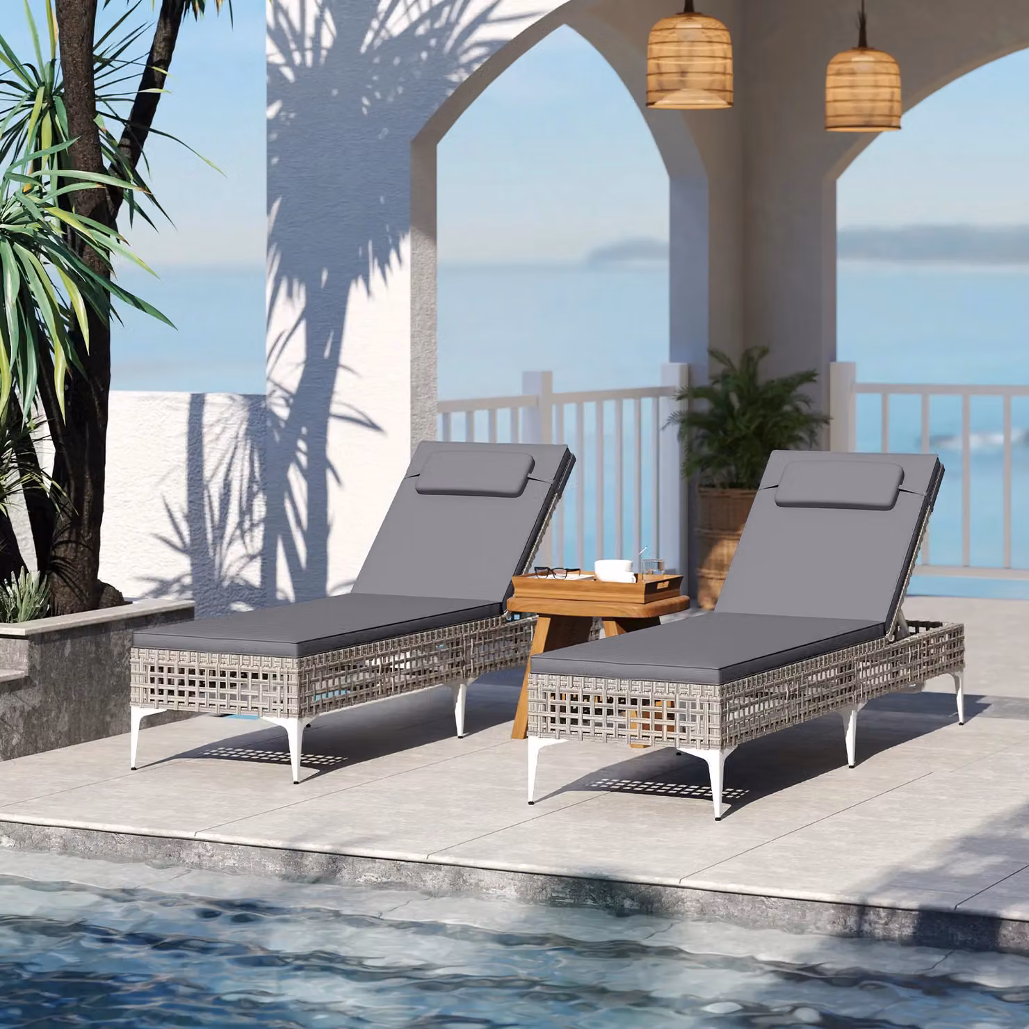 Costway Grey Polyrattan Garden Sun Lounger with 6-Level Adjustable Headrest – 4