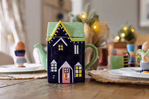 KitchenCraft The Nutcracker Collection Ceramic Teapot House in Blue, Multicolour and Green, 1.2 l – 3