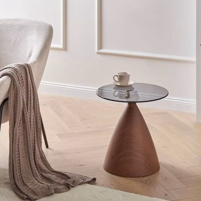Wyld and Coco Small Side Table with Brown Wood Effect Top and Black Iron Cone Base