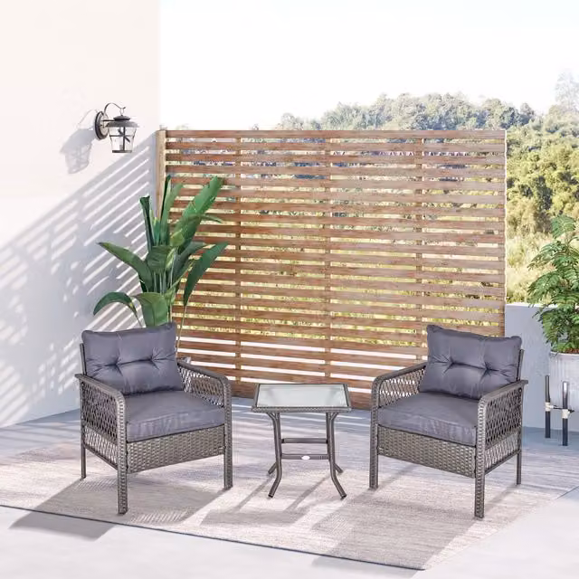 Outsunny 3 Piece Grey PE Rattan Bistro Set with Glass Top Table