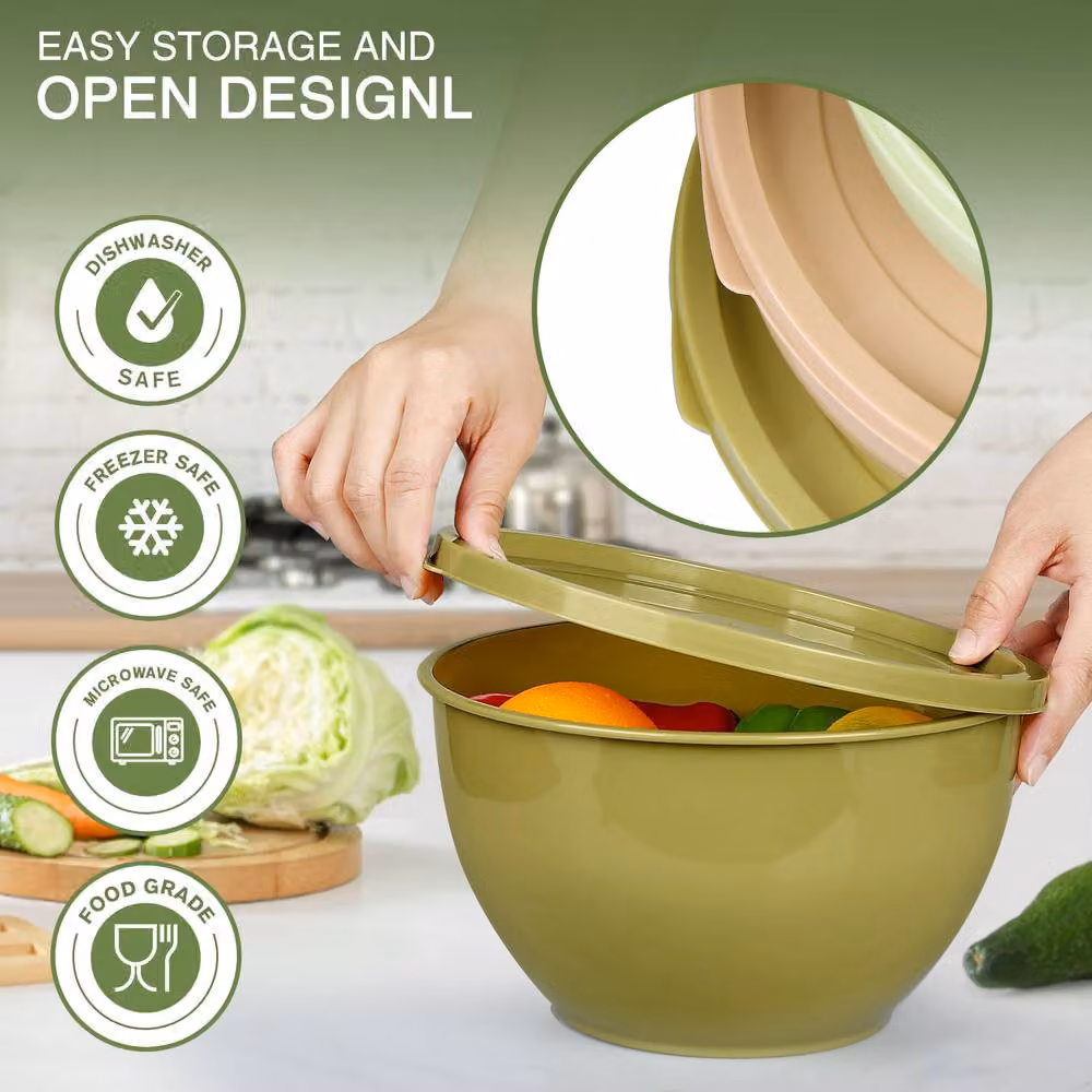 Greentainer 5 Piece Durable Round Plastic Mixing Bowls Set with Lids in Green and Multicolour – 3