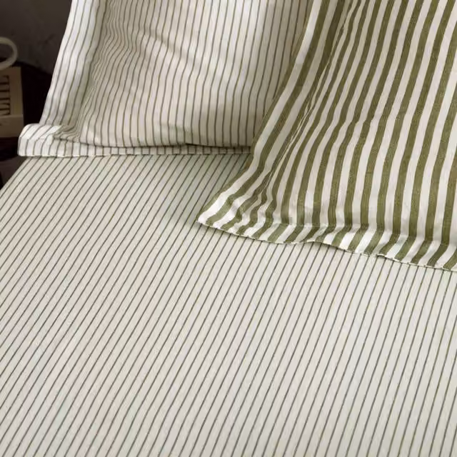 Make It A Home Hebden Melange Stripe Cotton Fitted Sheet, Green, 200 x 200 cm