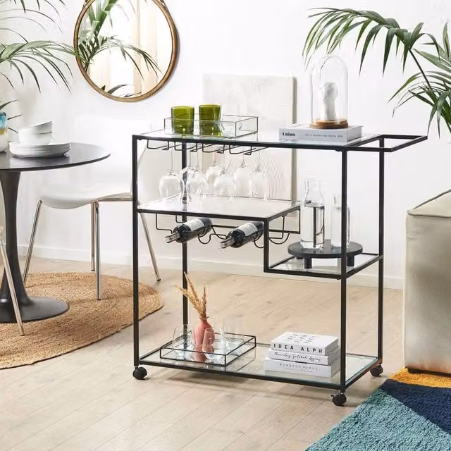 Wyld and Coco Modern Black Kitchen Trolley with Tempered Glass and Metal Bottle Rack, H 103 x W 40 x D 94 cm