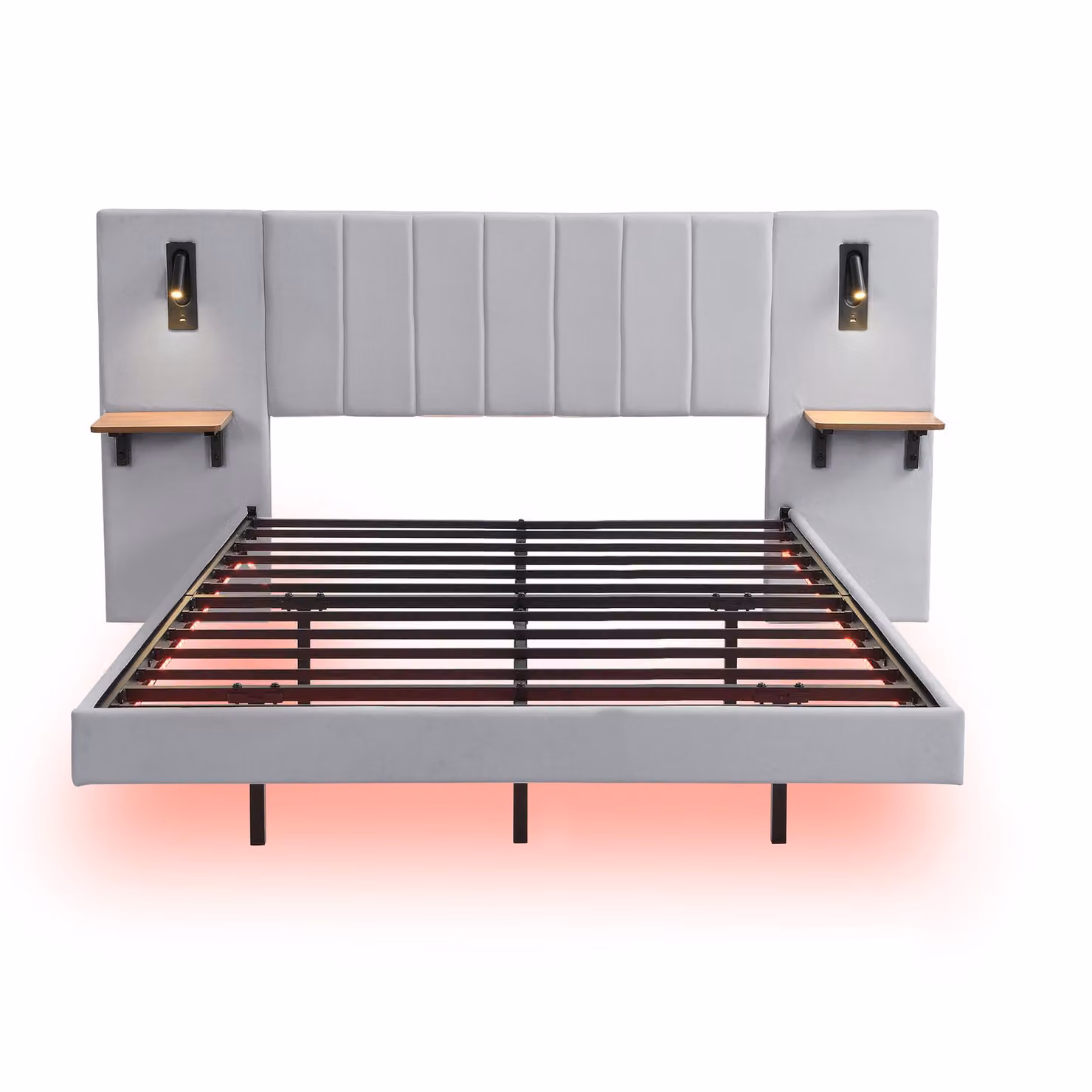 Aosom.UK Grey Velvet Upholstered Double Bed with Headboard Storage, LED Lighting and USB Charging Port, W/D/H: 206.5 x 199 x 103 cm – 2