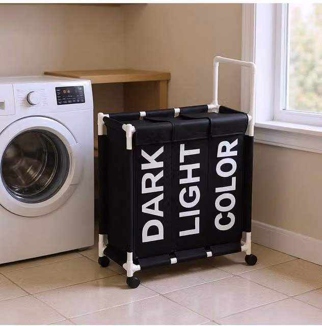Living and Home 110L 3-Section Fabric Laundry Basket with Lid and Wheels, Jet Black