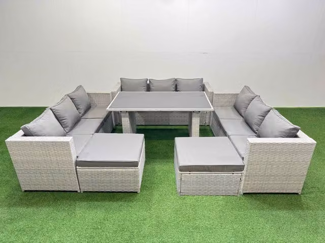 Fimous Modern Polyrattan Garden Furniture Set in Light Grey with 2 Large Stools and Glass Tabletop