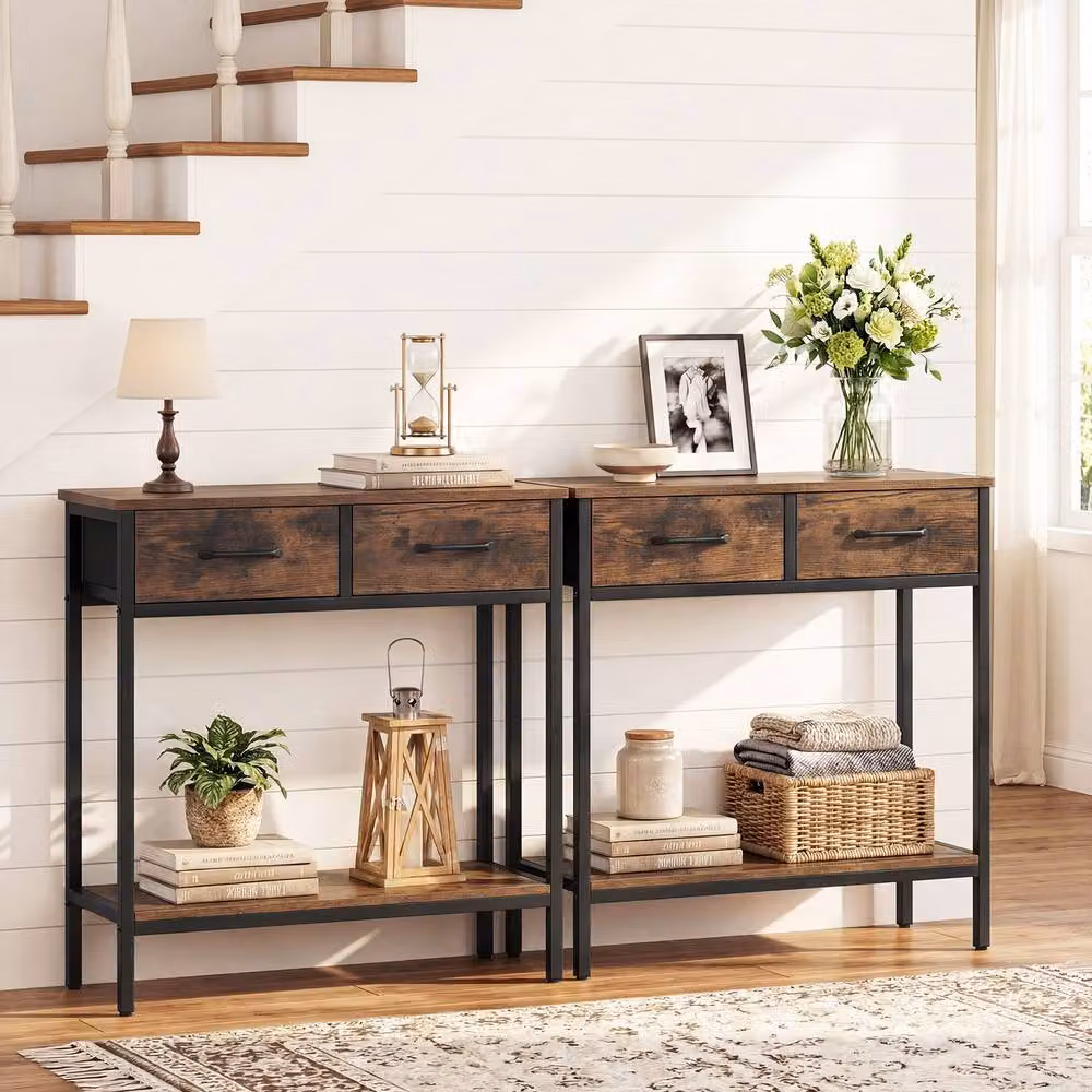 Gymax Brown Industrial Console Table with 2 Fabric Drawers – 10