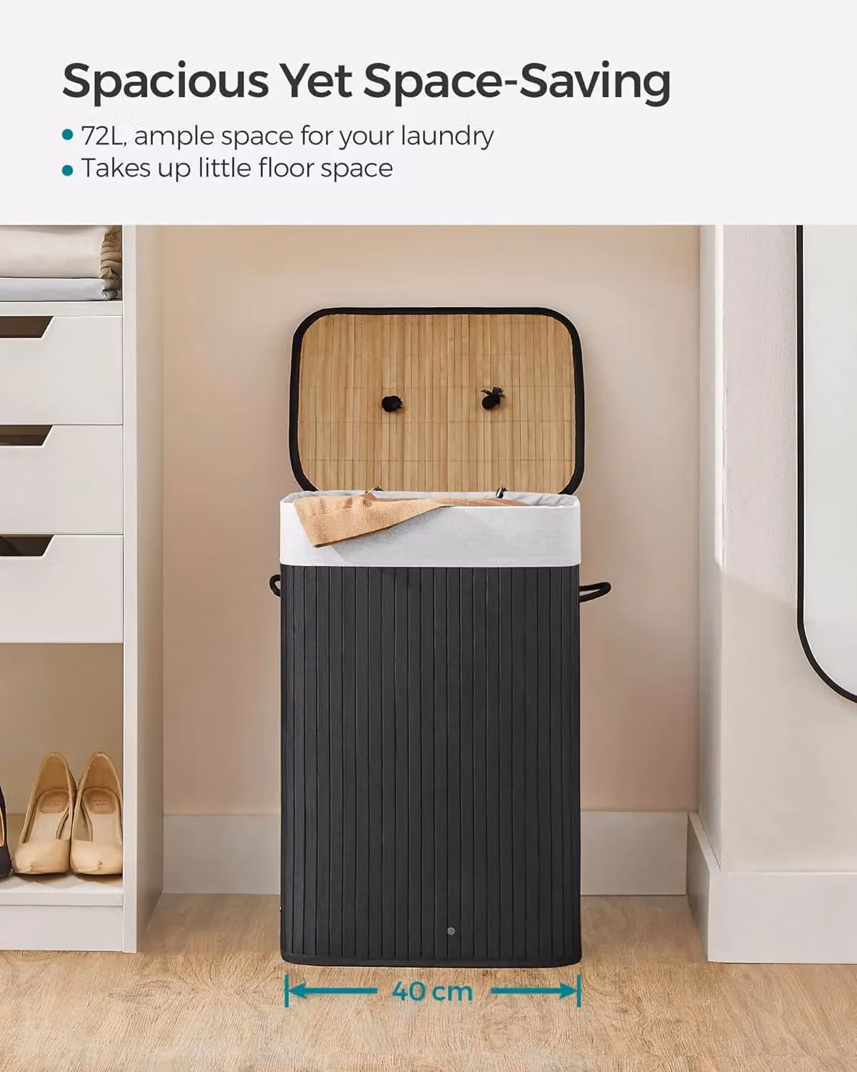 SONGMICS Medium Bamboo Foldable Laundry Basket with Lid and Removable Washable Bag, Black, W/D/H: 40 x 60 x 72 cm – 3