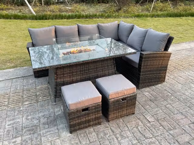 Fimous 8 Seater Rattan Dining Set with Gas Fire Pit Table, High Back Sofas and Footstools in Dark Grey